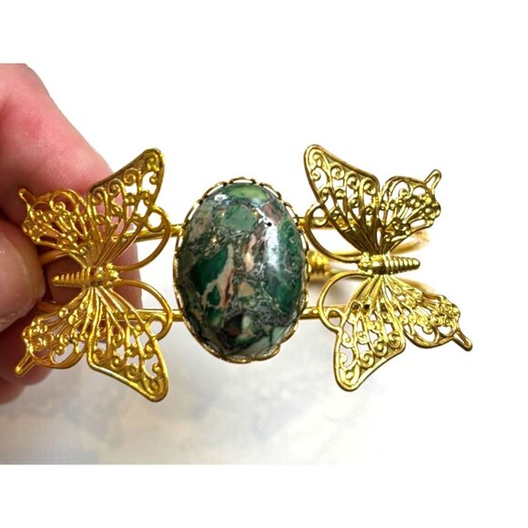 Gold Butterfly Cuff Bracelet With Green Stone Centerpiece Handmade Adjustable Je - Picture 2 of 10